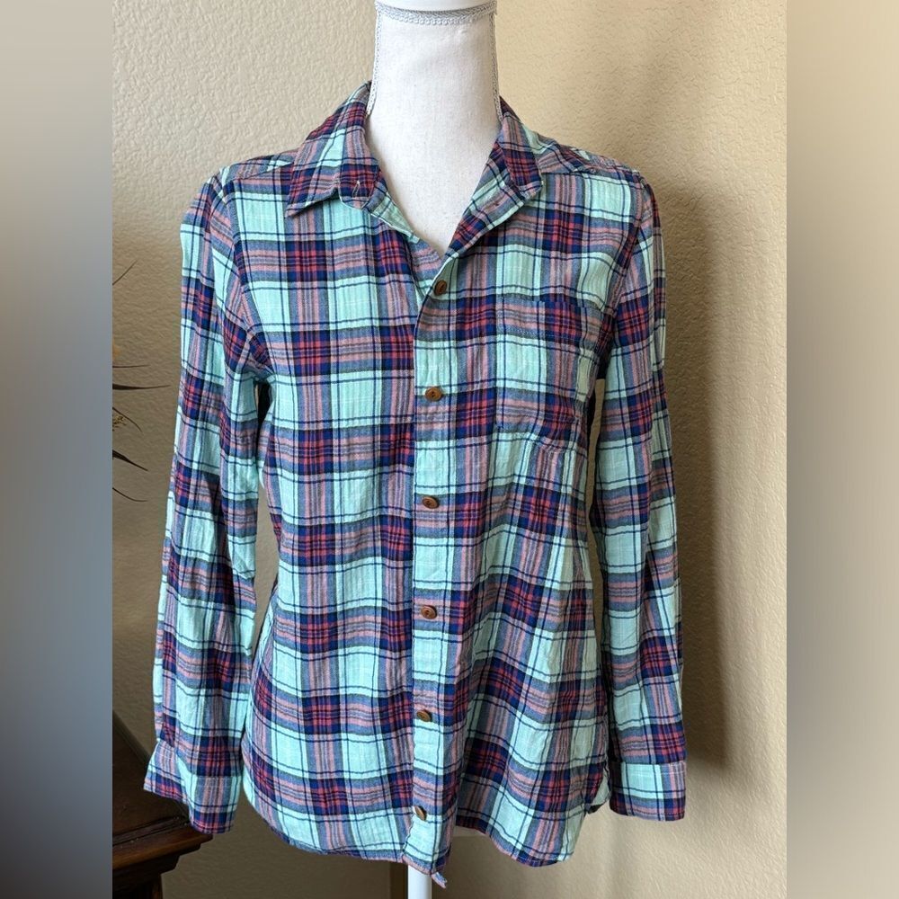 J Crew Textured Cotton Plaid Teal Blue Orange Button Down Shirt Top 6P